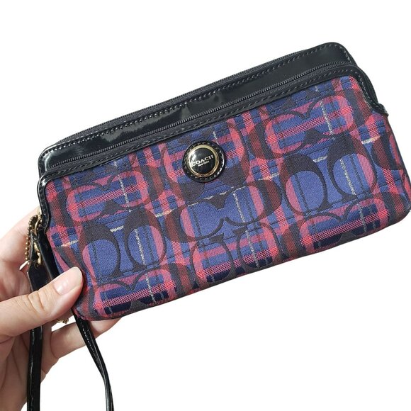 Vintage Coach Signature Poppy Blue Pink Tartan Plaid Logo Wristlet Wallet Y2K - Picture 1 of 10